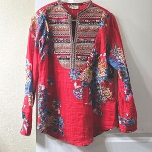 Red Floral Embroidered Tunic Top Womens S Long Sleeve Cotton Magazine